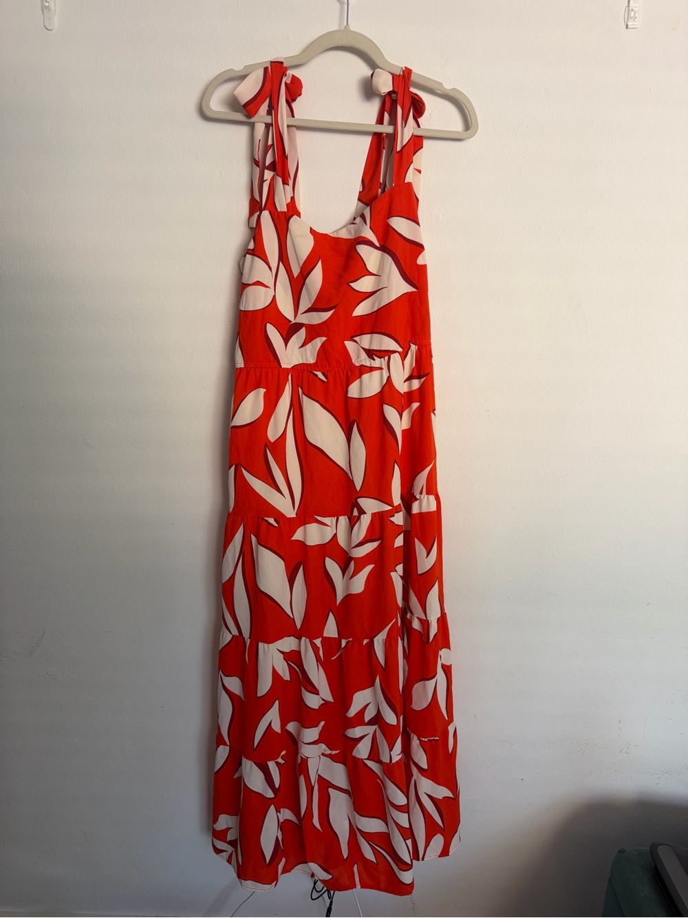 Red Tie-Shoulder Maxi Dress with White Leaf Print